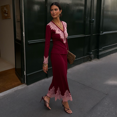 Burgundy Lace Rib Midi Maeva Skirt
