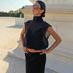 Black Organza Funnel Neck Zip Top