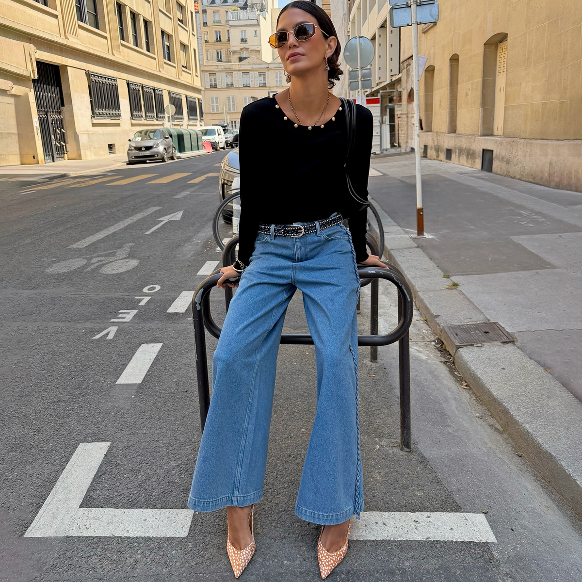 Black Stud Long Sleeve Rib Top