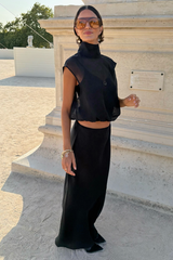 Black Organza Funnel Neck Zip Top