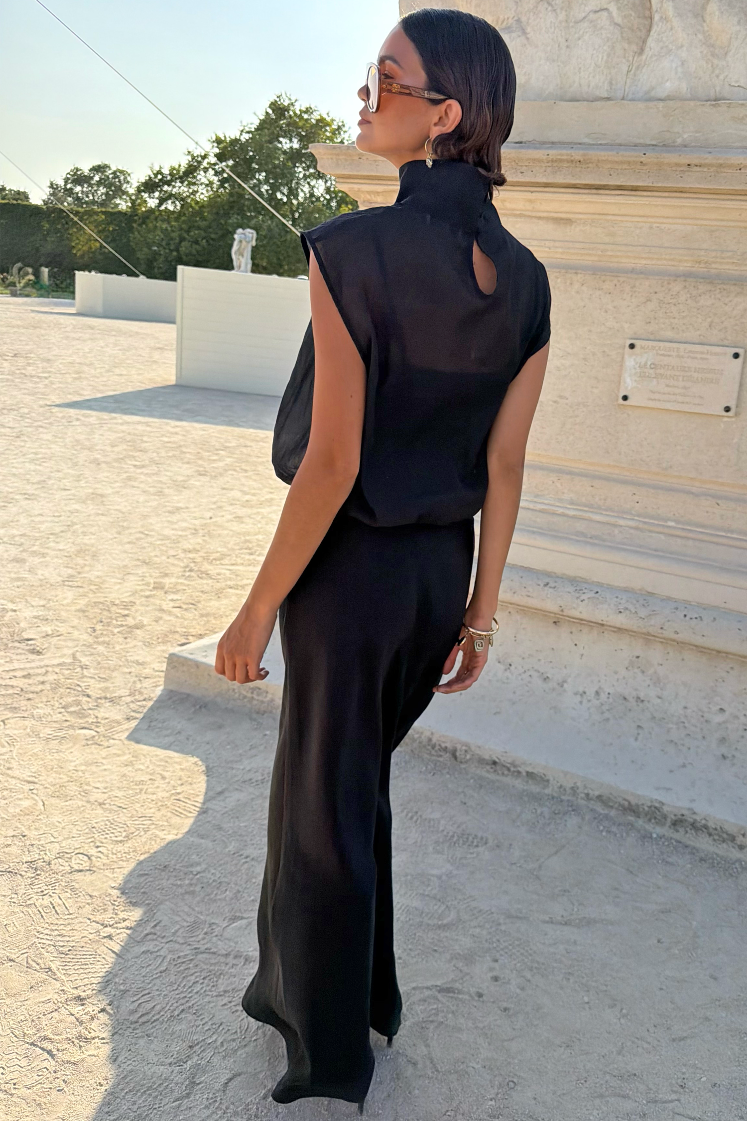 Black Organza Funnel Neck Zip Top