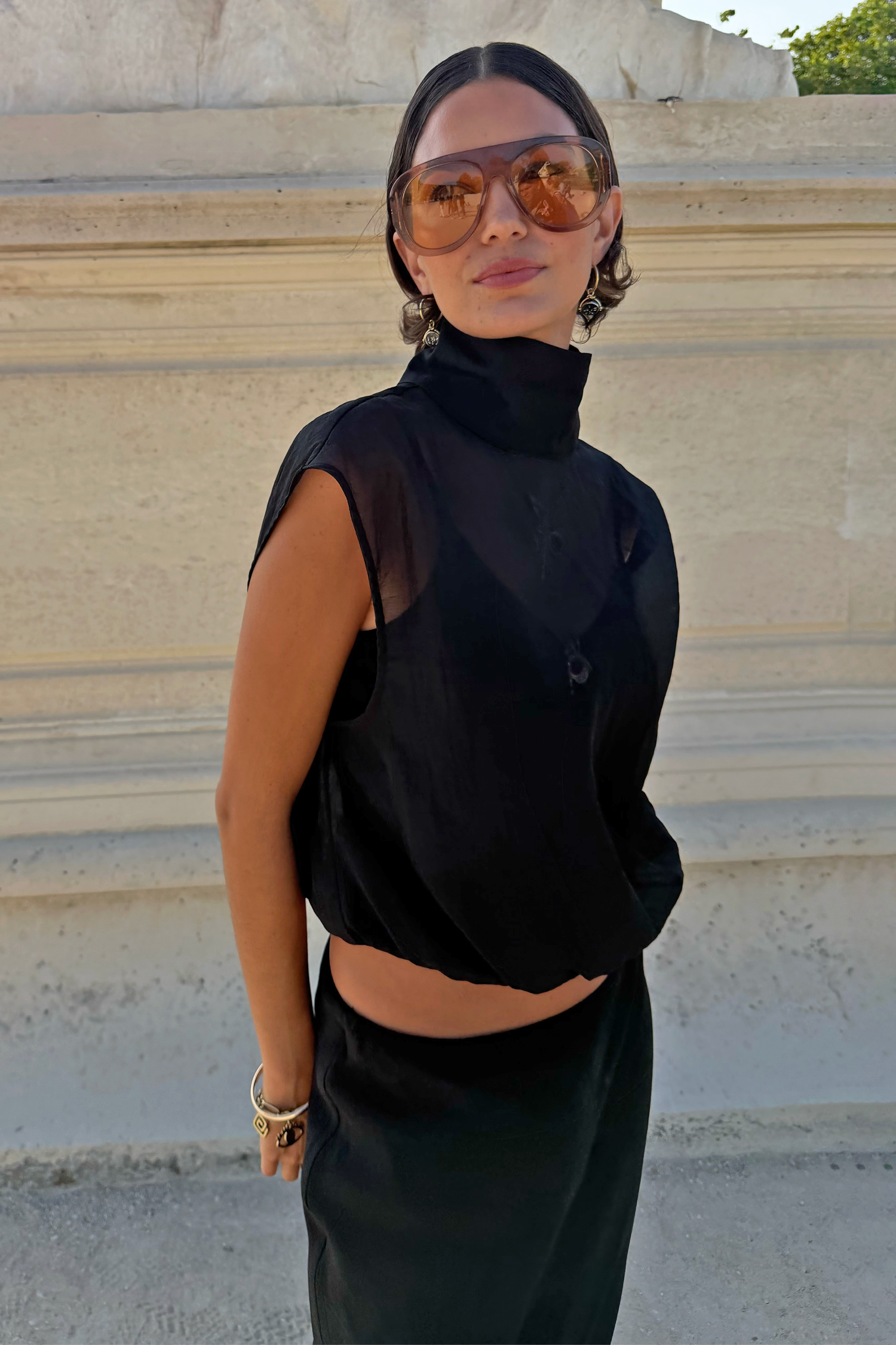 Black Organza Funnel Neck Zip Top