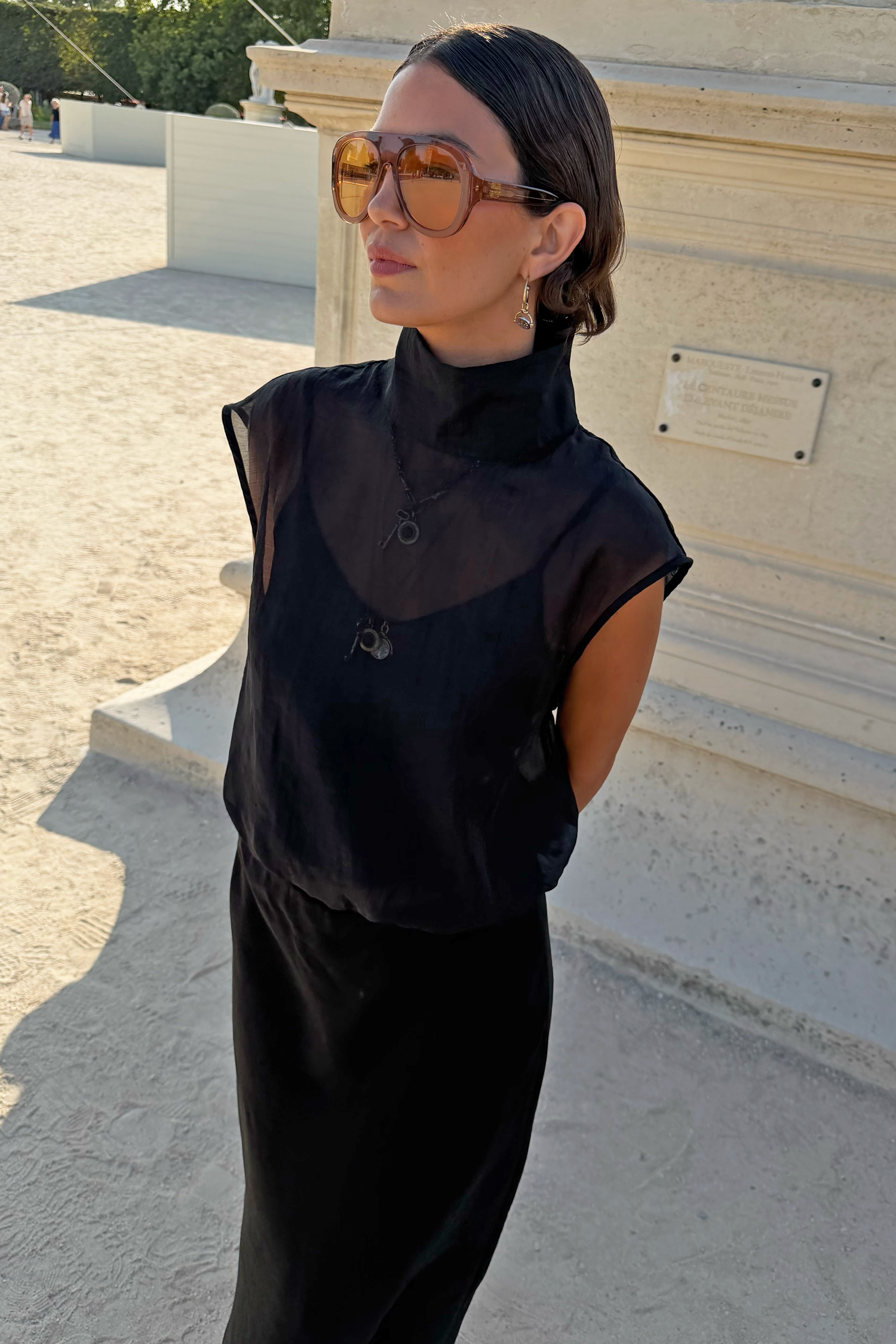 Black Organza Funnel Neck Zip Top