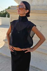 Black Organza Funnel Neck Zip Top