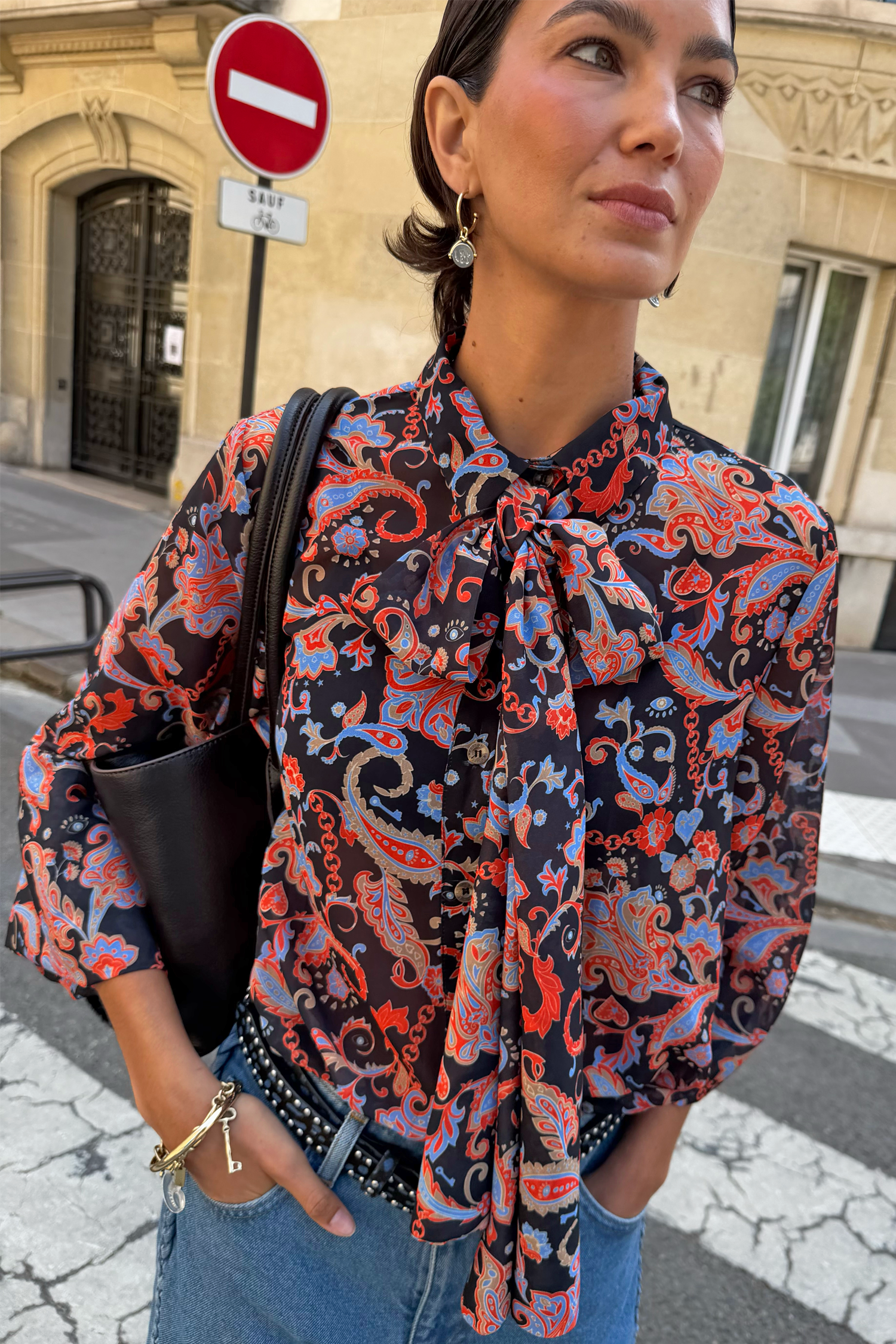 Black Paisley Pussy Bow Shirt
