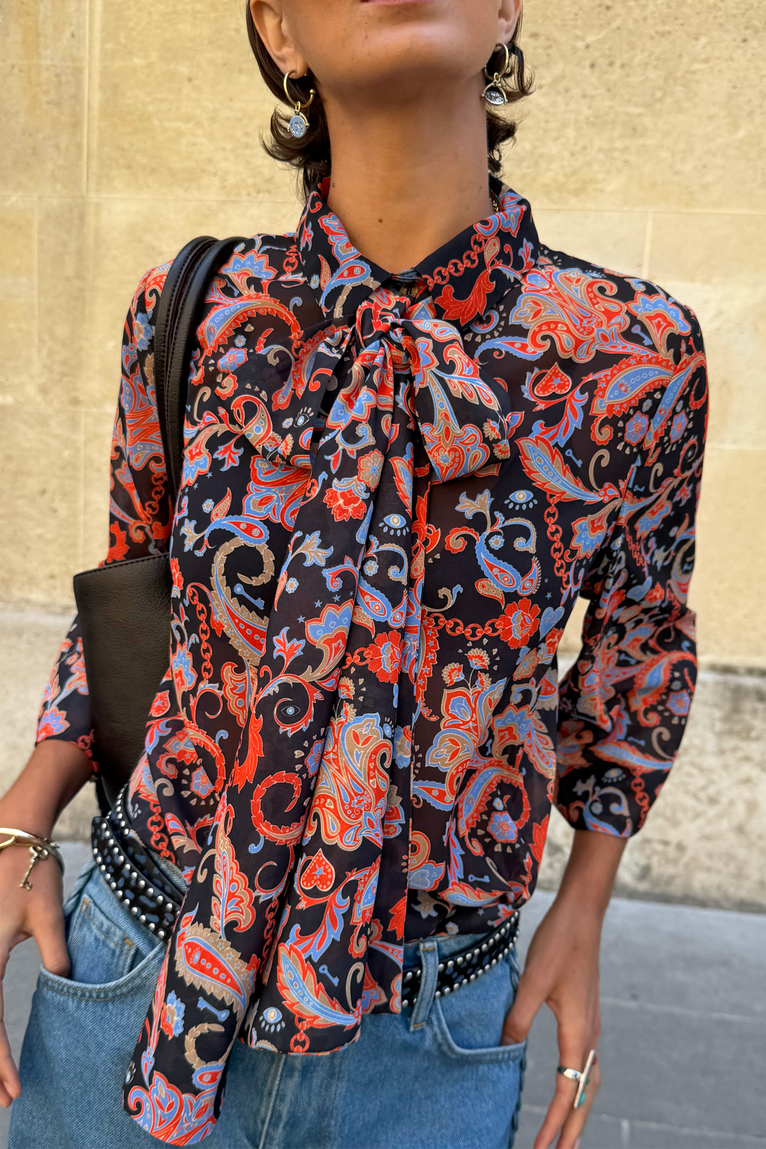 Black Paisley Pussy Bow Shirt