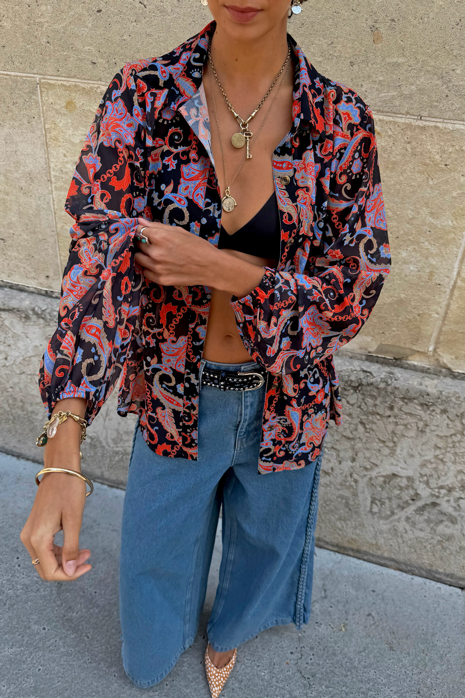 Black Paisley Pussy Bow Shirt