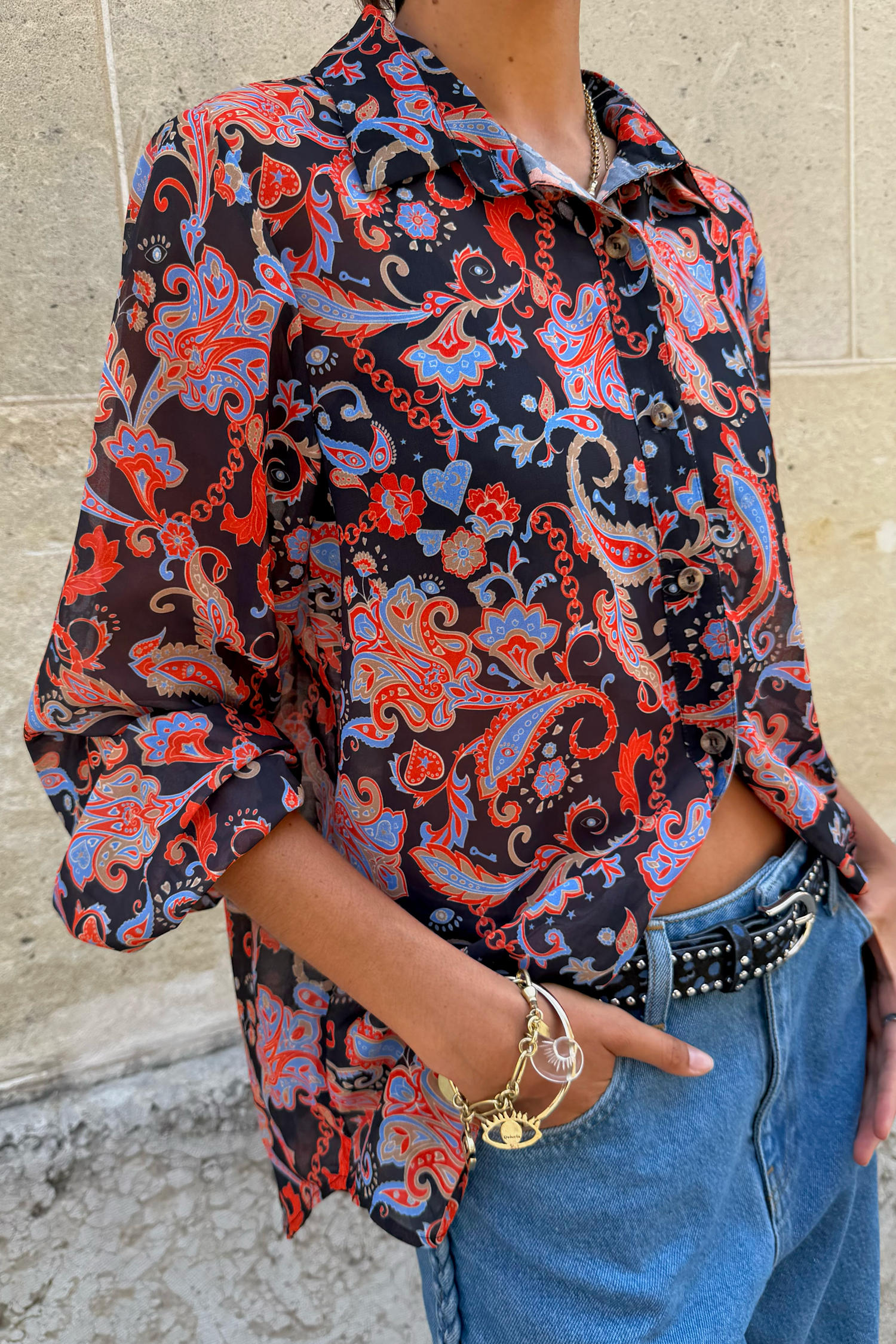 Black Paisley Pussy Bow Shirt