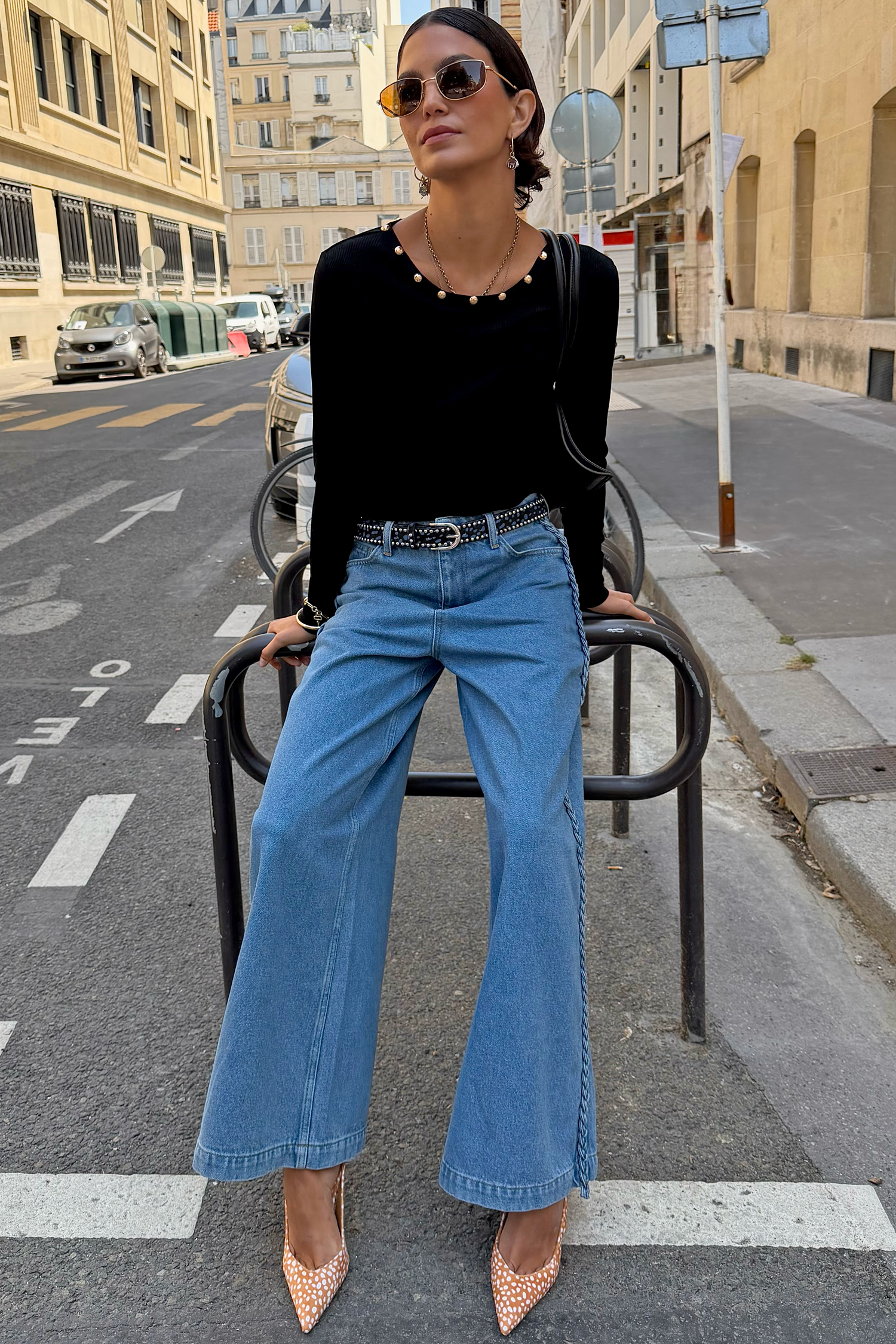 Black Stud Long Sleeve Rib Top