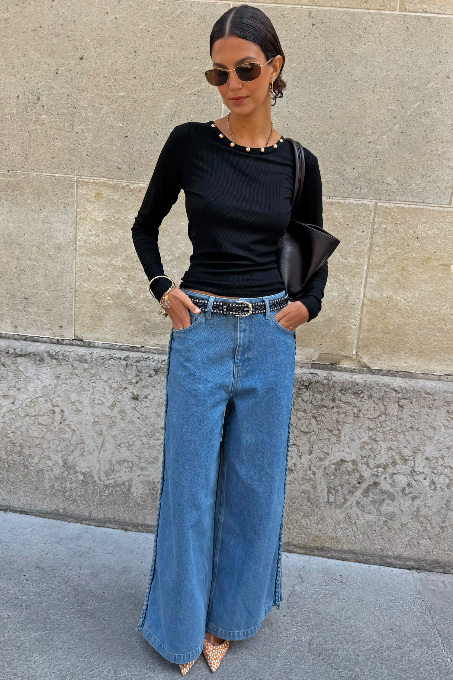 Black Stud Long Sleeve Rib Top