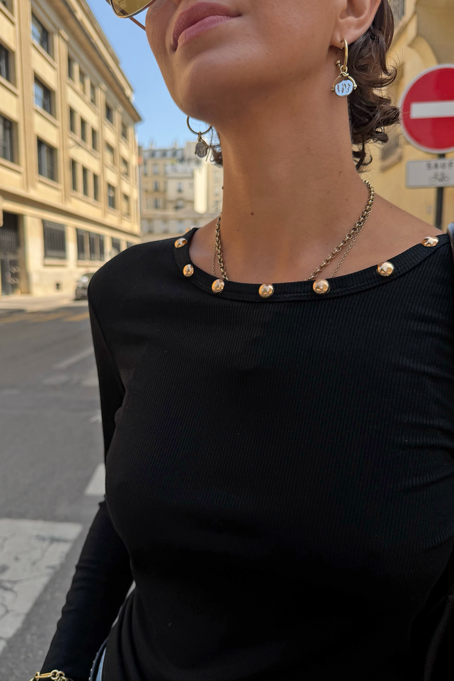 Black Stud Long Sleeve Rib Top