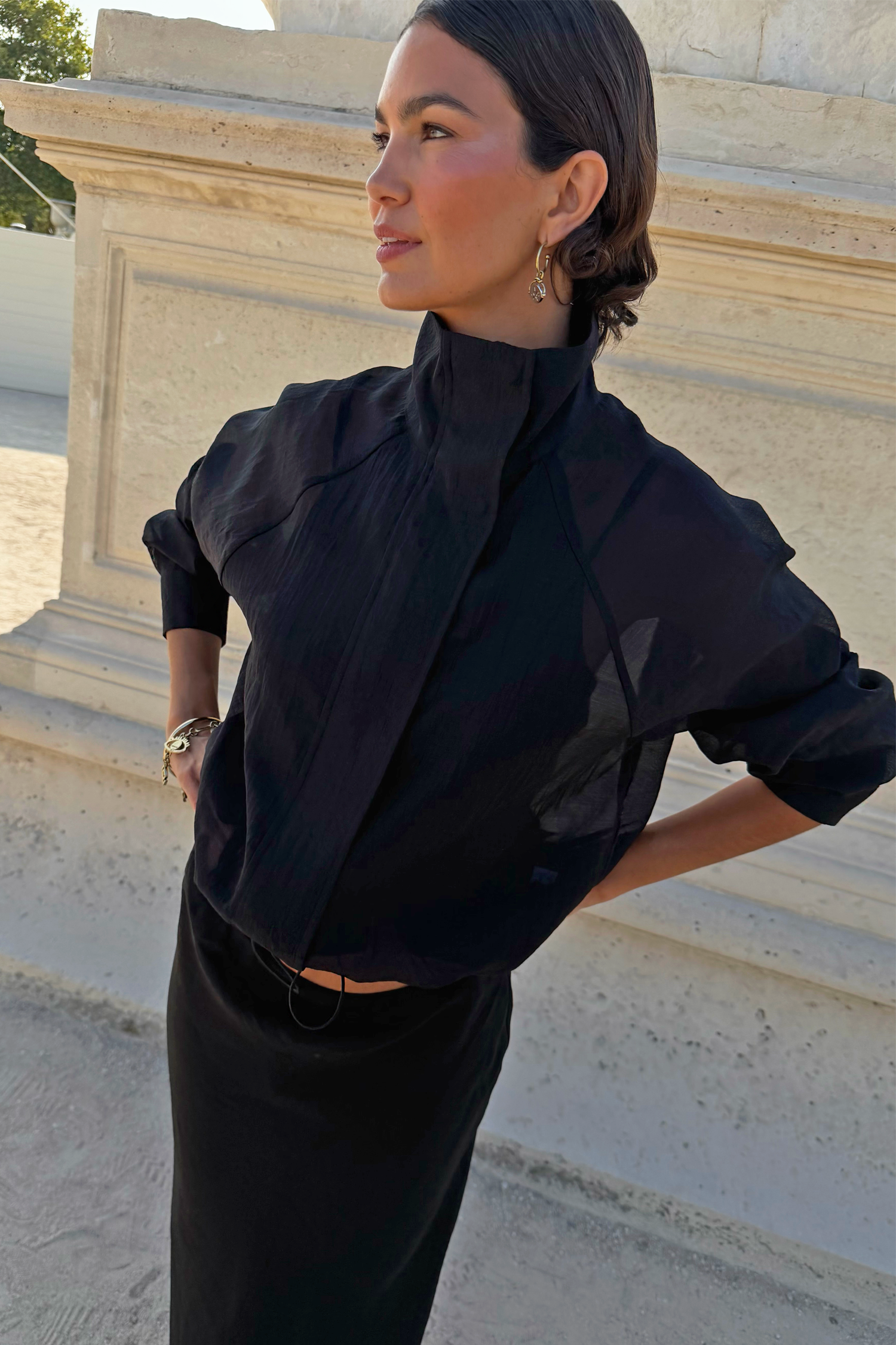Black Organza Funnel Neck Jacket