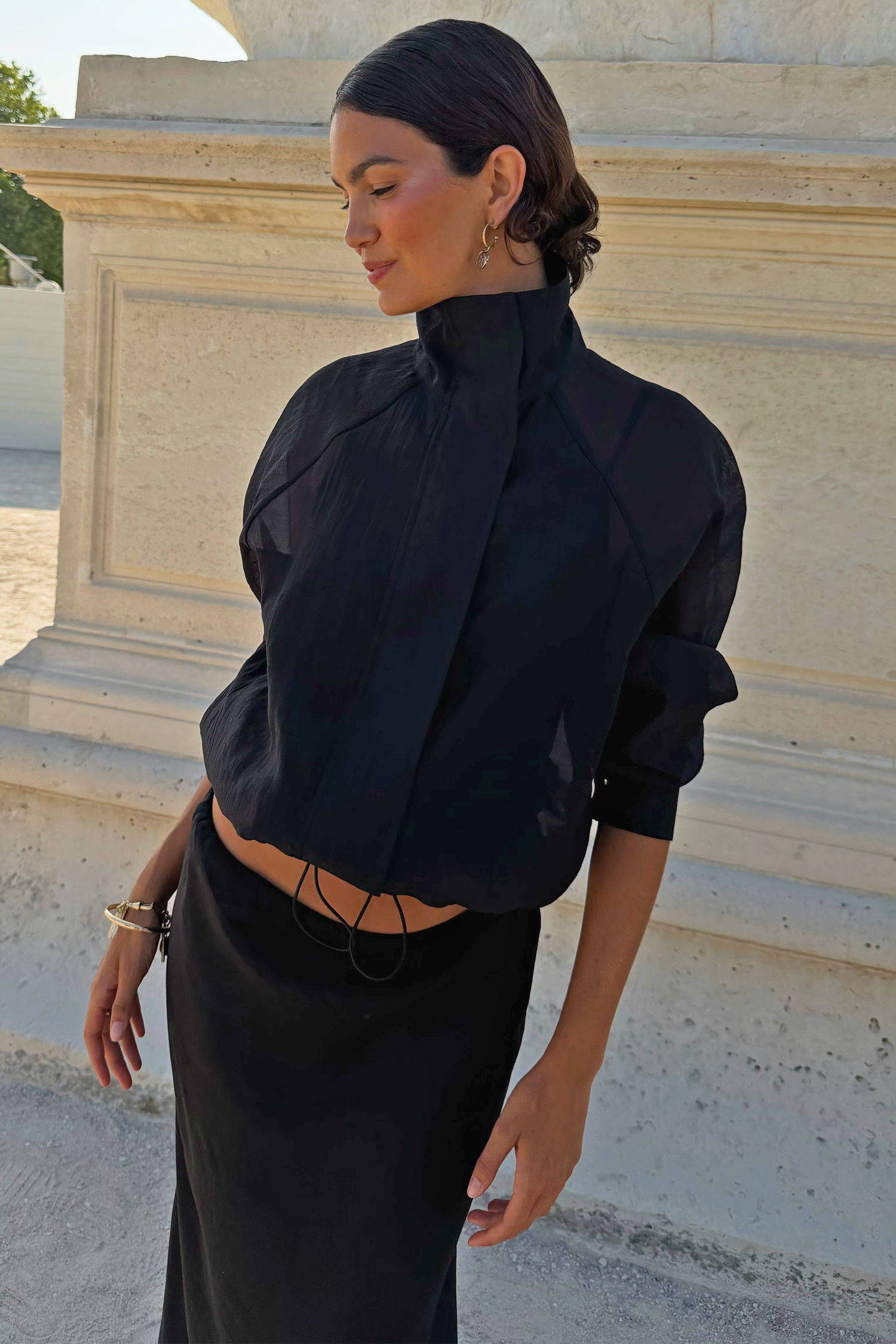 Black Organza Funnel Neck Jacket