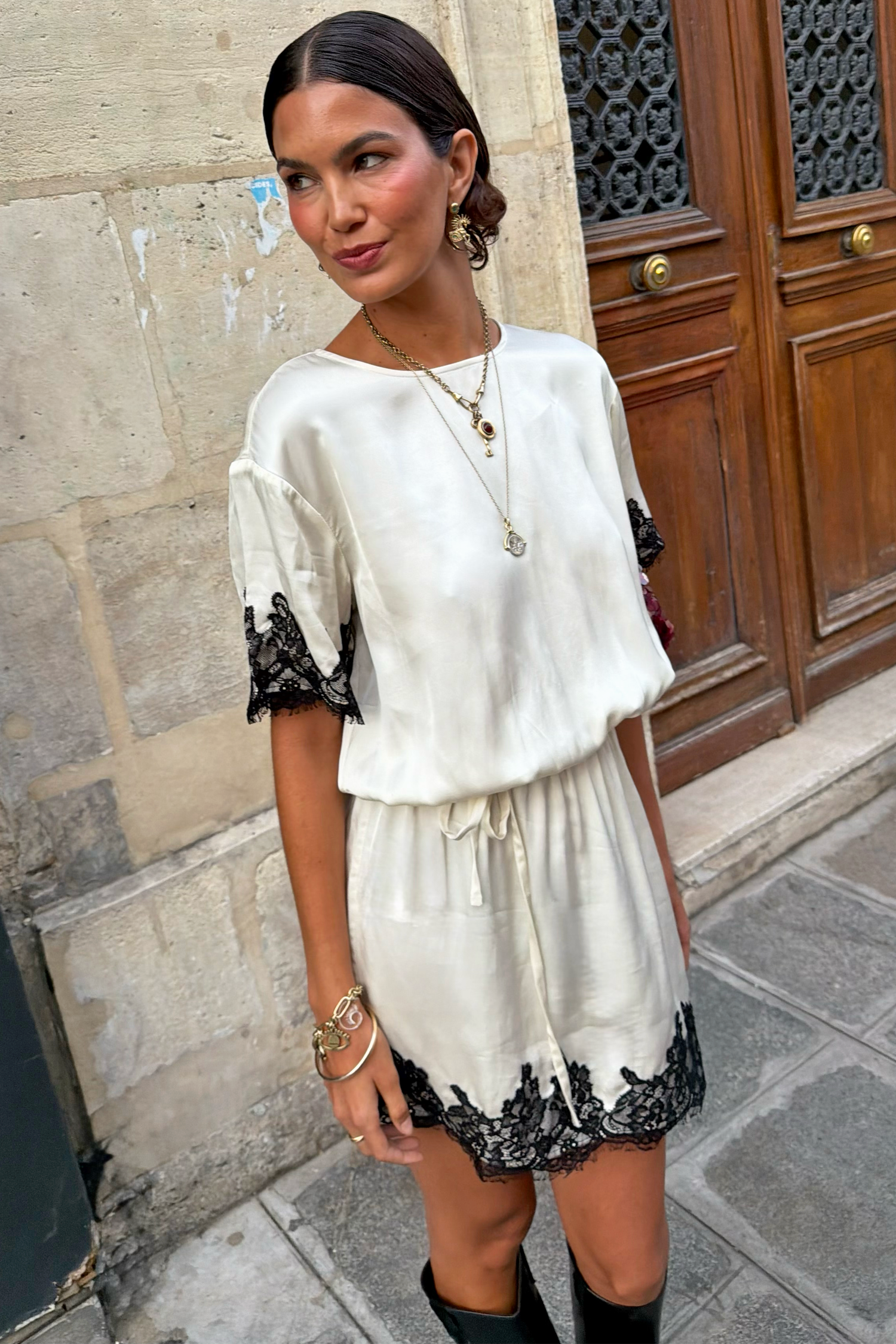 Cream & Black Lace T-Shirt Dress