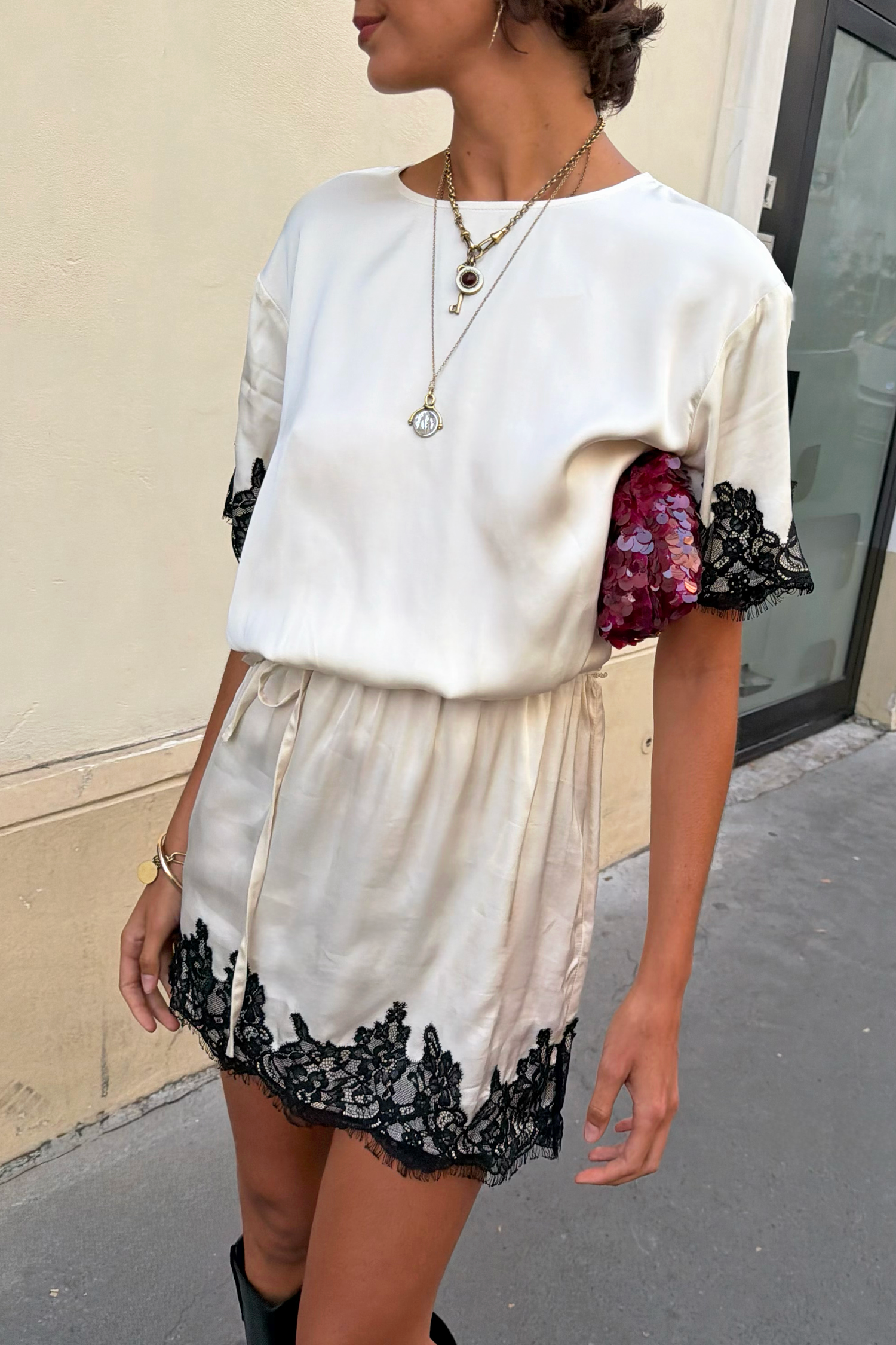 Cream & Black Lace T-Shirt Dress