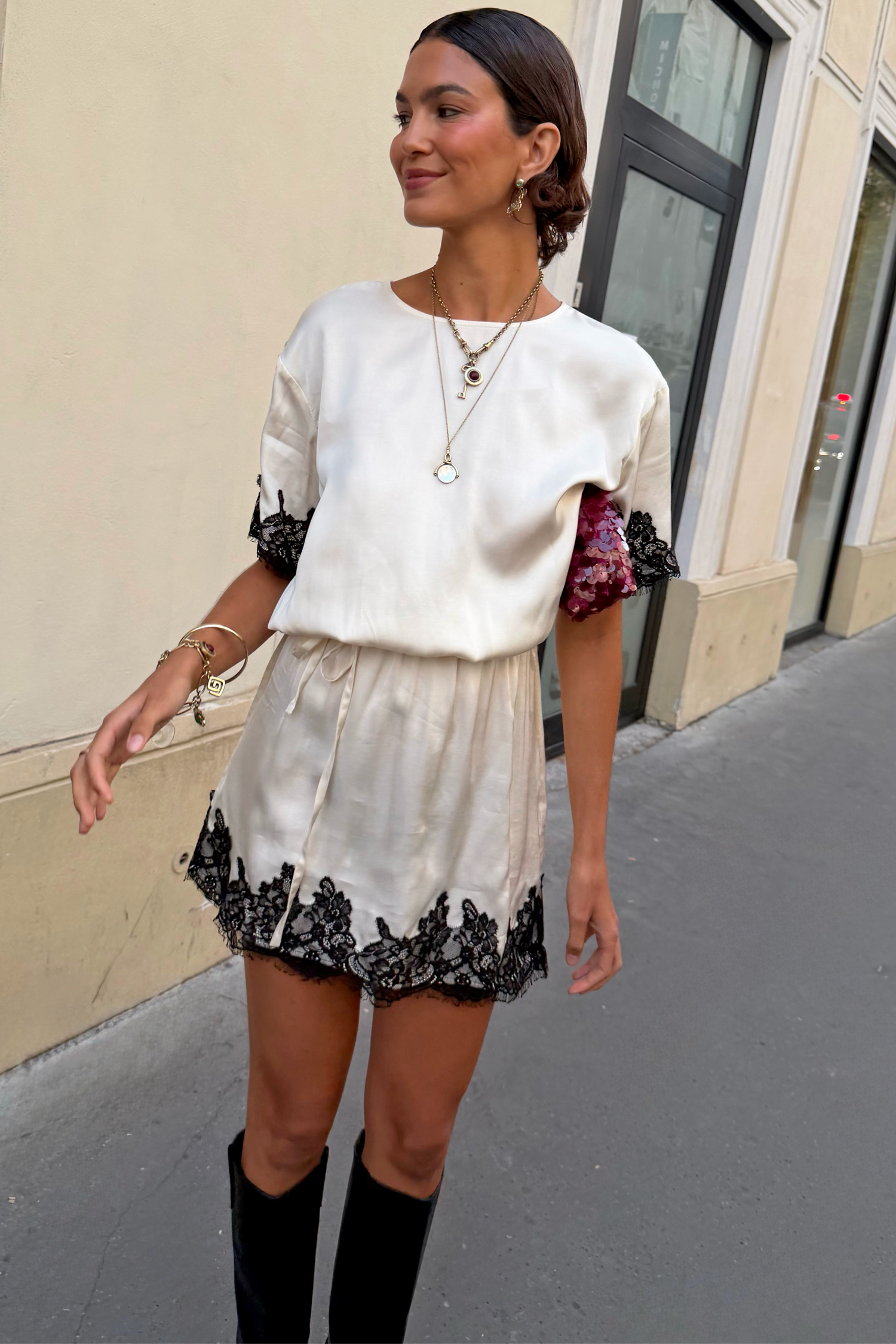 Cream & Black Lace T-Shirt Dress