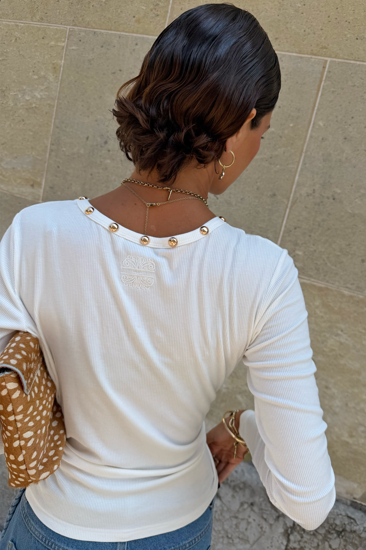 White Stud Long Sleeve Rib Top