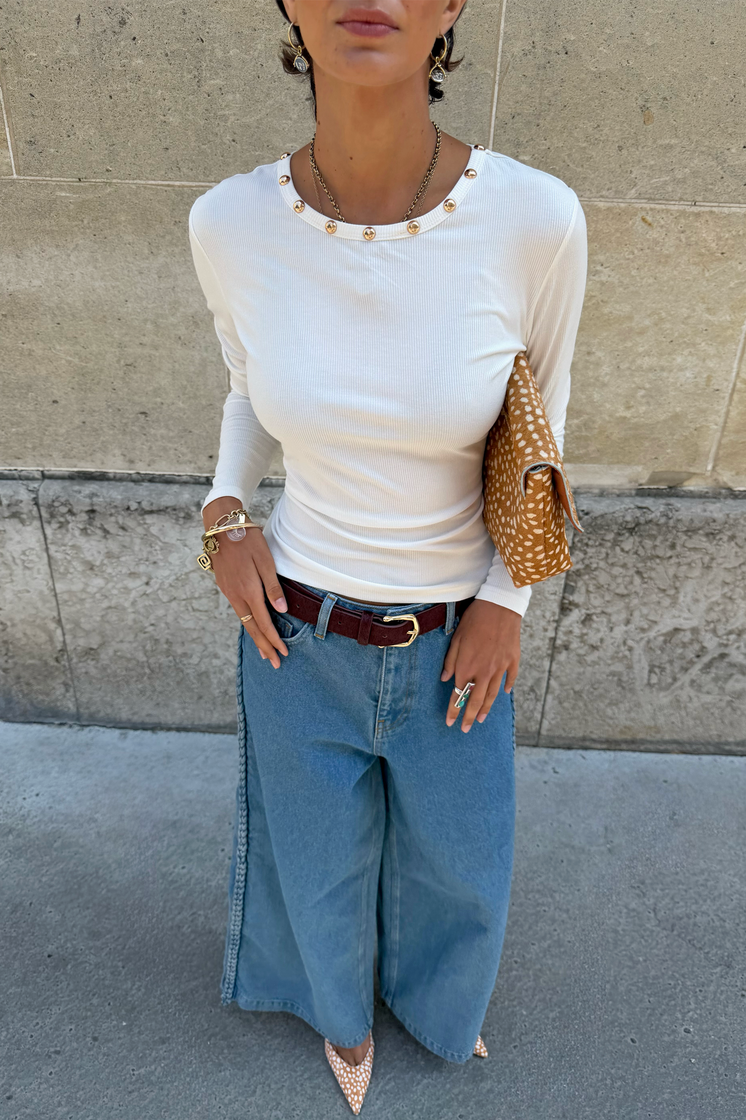 White Stud Long Sleeve Rib Top