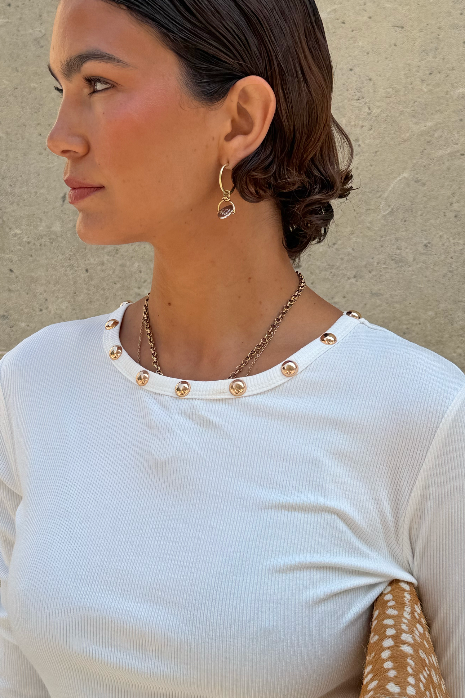 White Stud Long Sleeve Rib Top