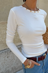 White Stud Long Sleeve Rib Top
