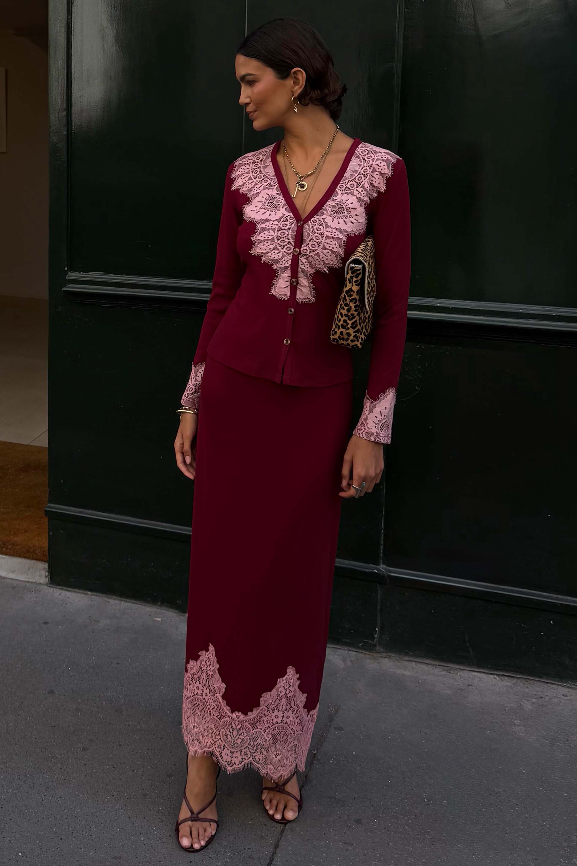 Burgundy Lace Rib Midi Maeva Skirt