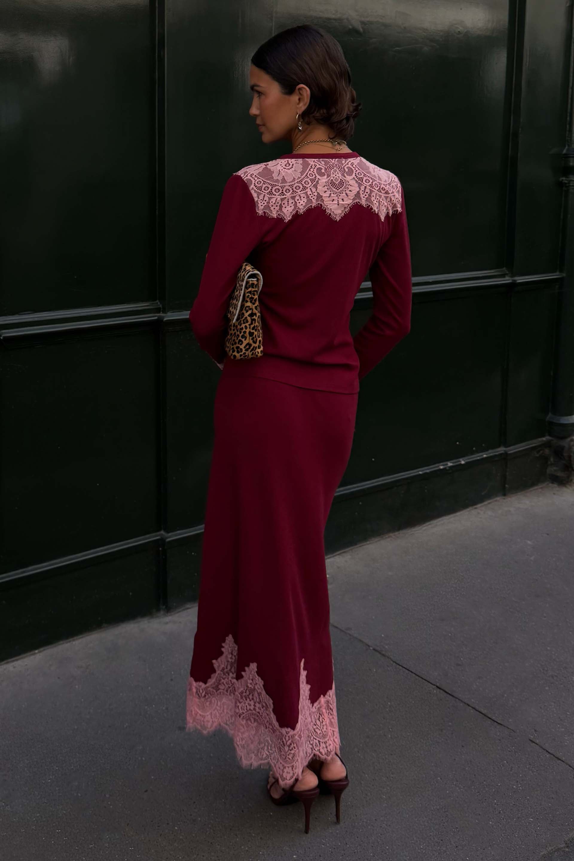 Burgundy Lace Rib Midi Maeva Skirt