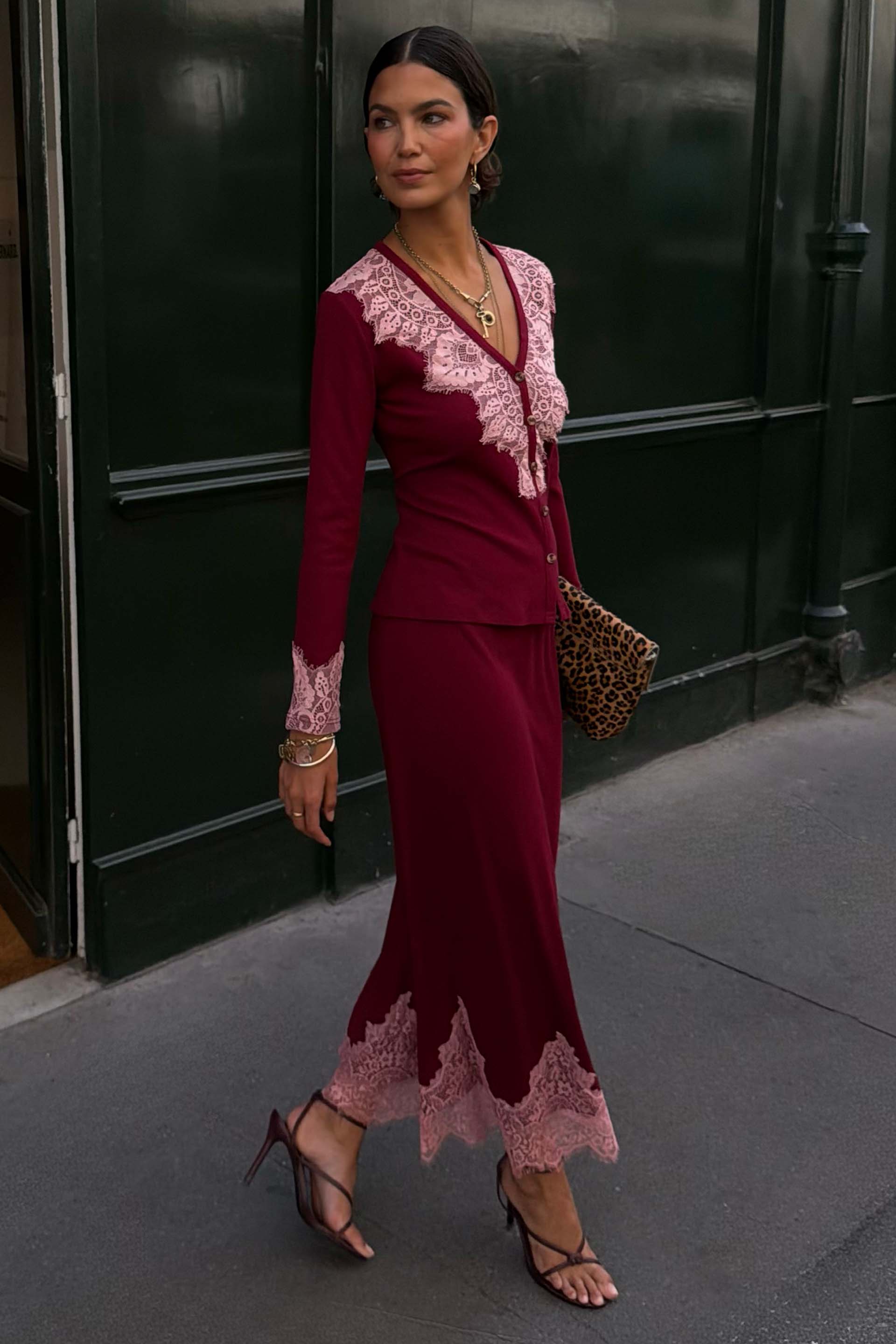 Burgundy Lace Rib Midi Maeva Skirt