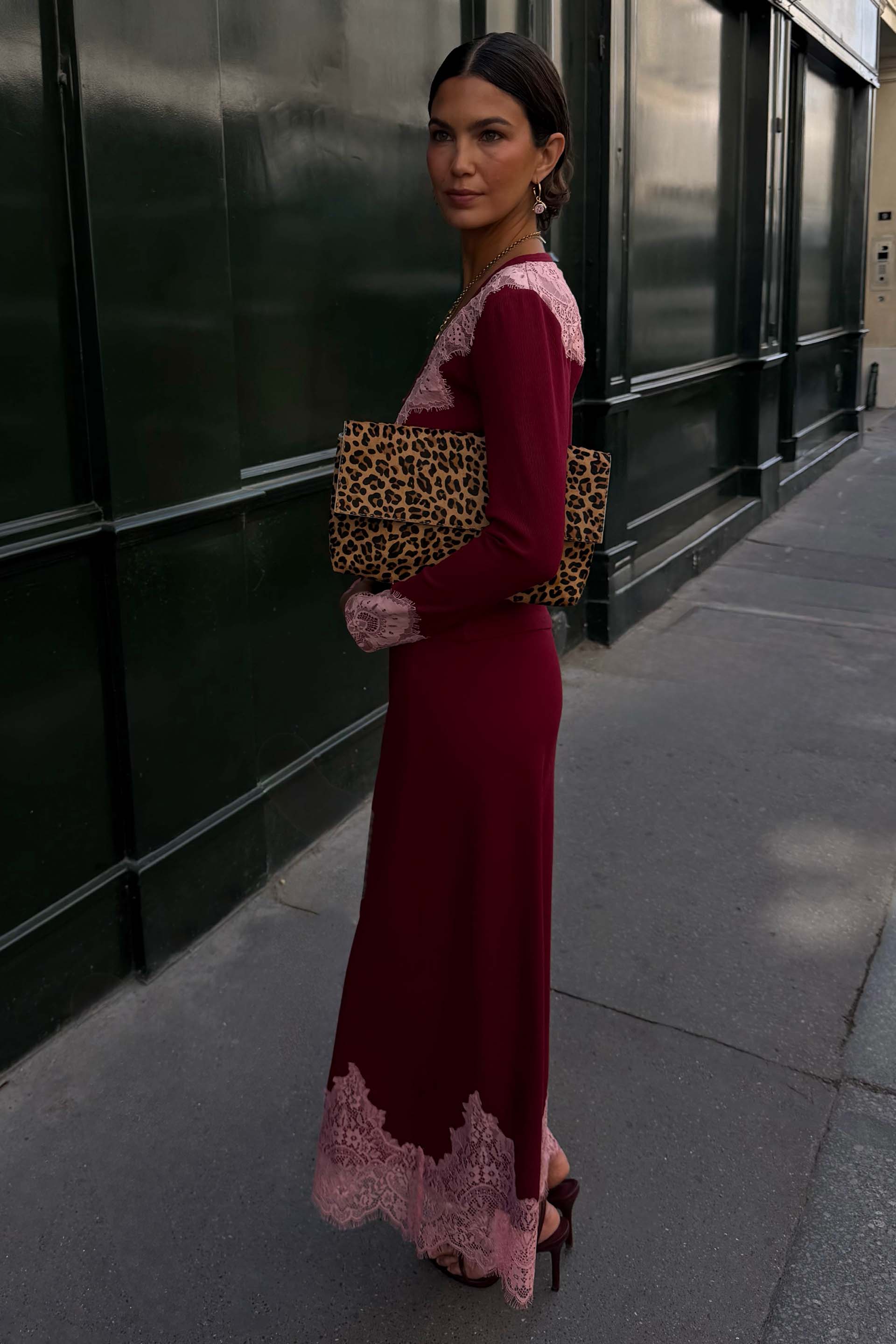 Burgundy Lace Rib Midi Maeva Skirt
